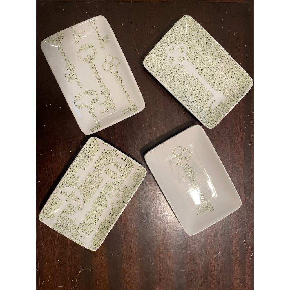 Four West Elm Green and White Key design Snack/trinket plates.